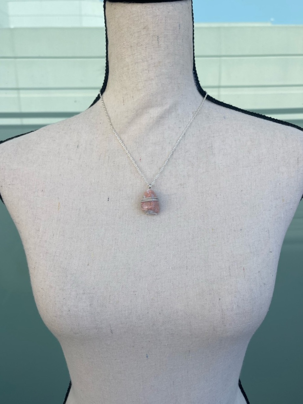 Cotton Candy Agate Wire Wrap Necklace on Silver Tone Chain - Picture 2 of 6